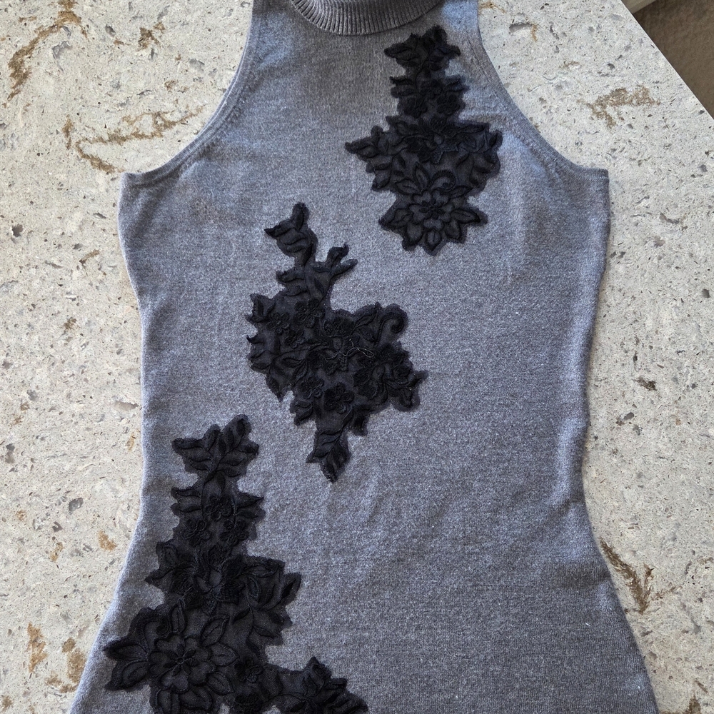 White House Black Market Gray Tank with Black Floral Design
